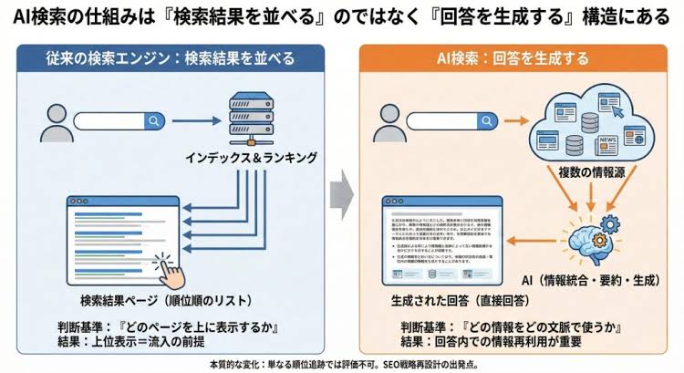AI検索は情報を統合・生成して回答を作成する. 出典: ジオコード